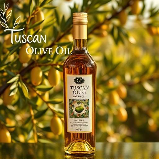 Bottiglia di Olio Extra Vergine di Oliva Toscano IGP con etichetta e sfondo di uliveto