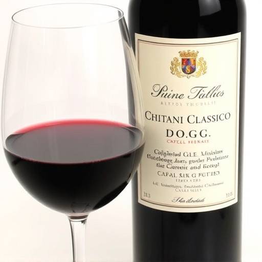 Bottiglia di vino Chianti Classico DOCG con etichetta e calice di vino rosso