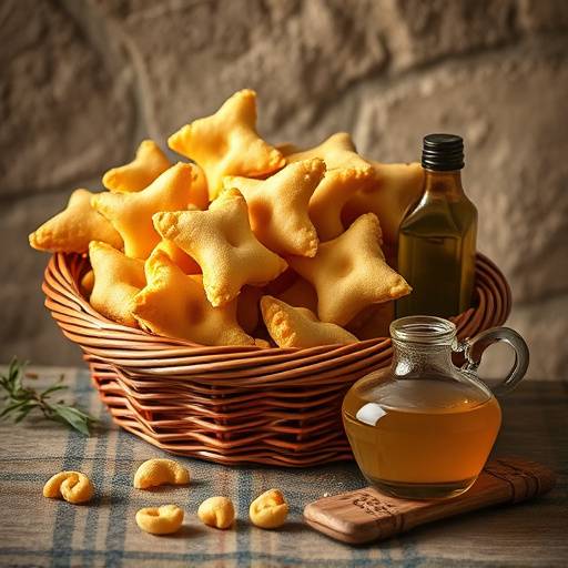 Cesta di taralli pugliesi con olio extra vergine di oliva su sfondo rustico