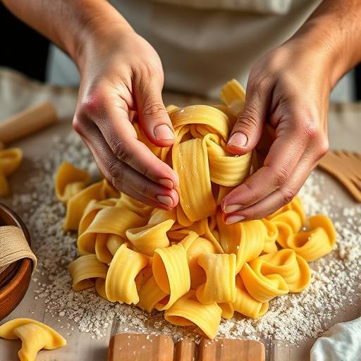 Mani che impastano la pasta fresca per la produzione di orecchiette pugliesi