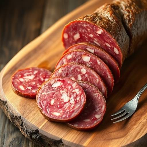 Salame di cinghiale artigianale affettato su tagliere di legno