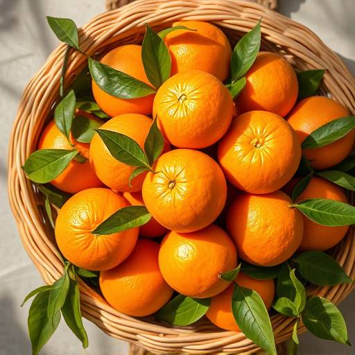 Un cesto di vimini pieno di arance siciliane fresche con foglie verdi