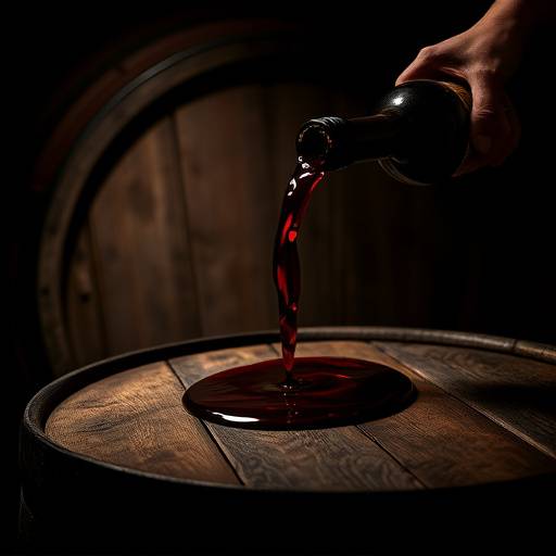 Una botte di legno con un rubinetto da cui sgorga vino rosso rubino